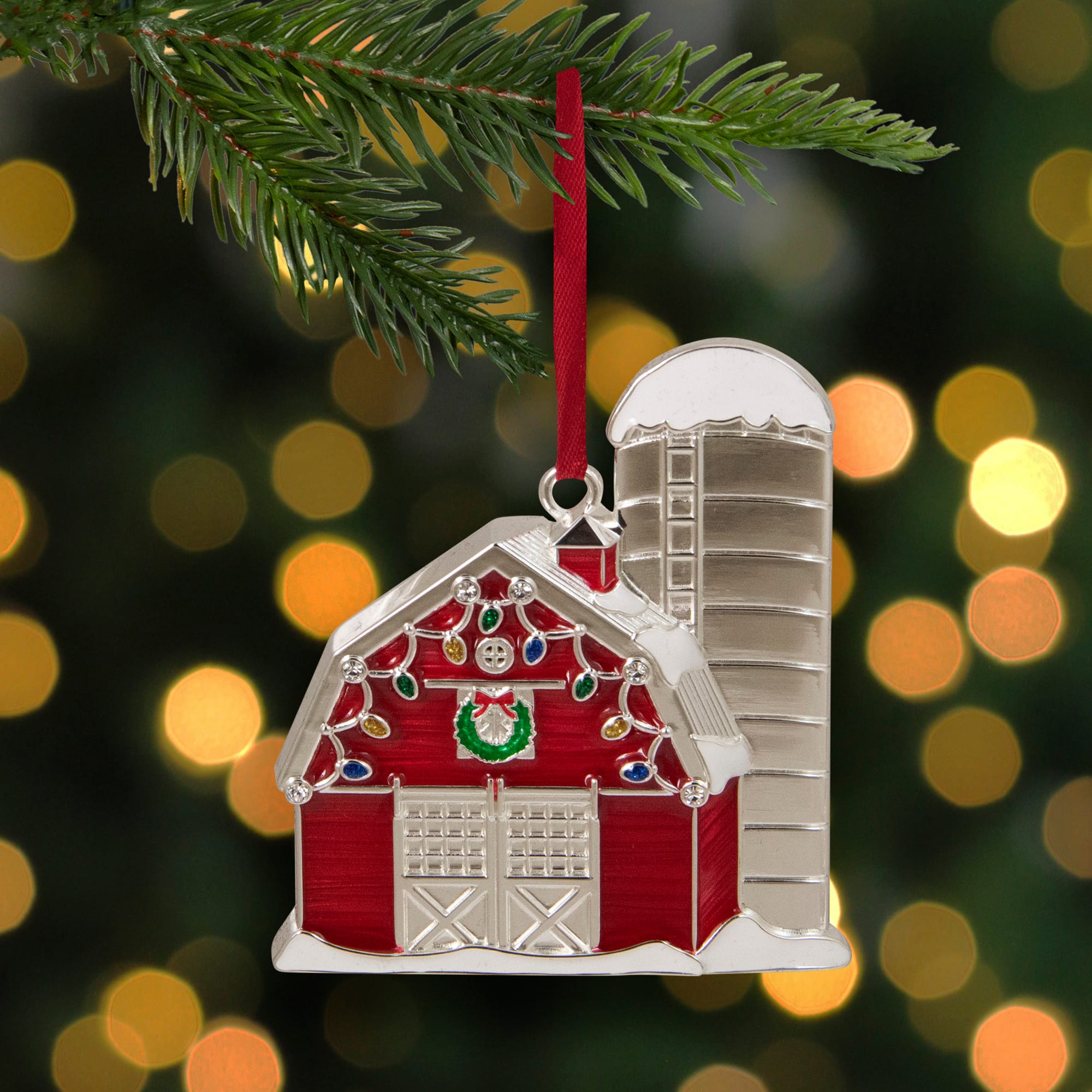 Red & White Enamel Barn House Ornament